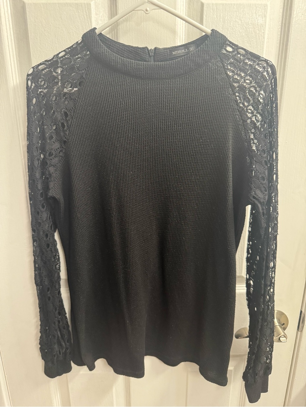 Black Lace-Sleeve Knit Top